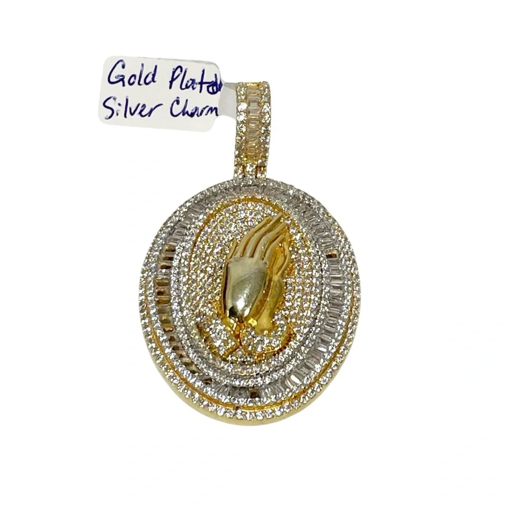 2.20Ct‎ Round Cut Moissanite Praying hands Charm Pendant 14K Yellow Gold Plated